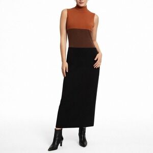 Andrea Jovine Maxi Dress Womens L Brown Orange Black Colorblock Mock Neck Knit
